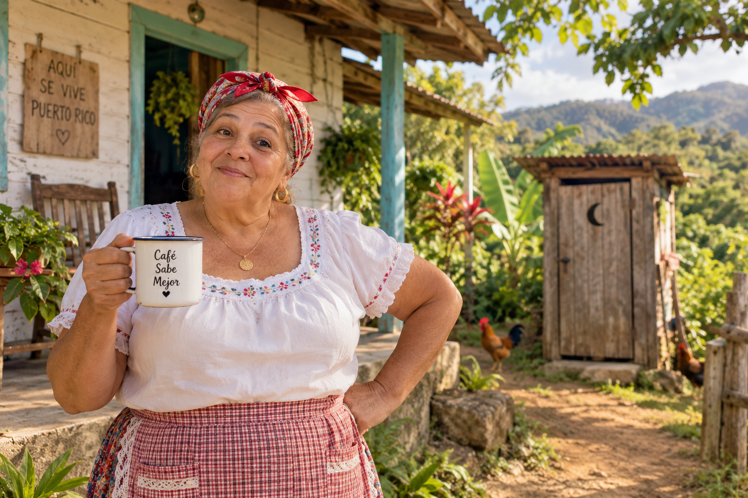 Doña Cuca frente a una casa de campo con una letrina tradicional en Puerto Rico